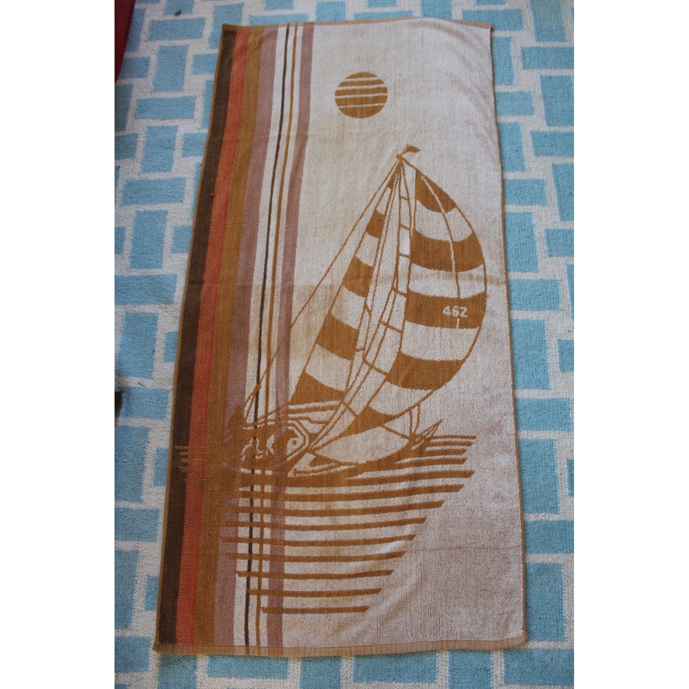 Vtg Franco Brown Cotton Terry Sailboat Beach Towel Retro Nautical Sunset Stripe